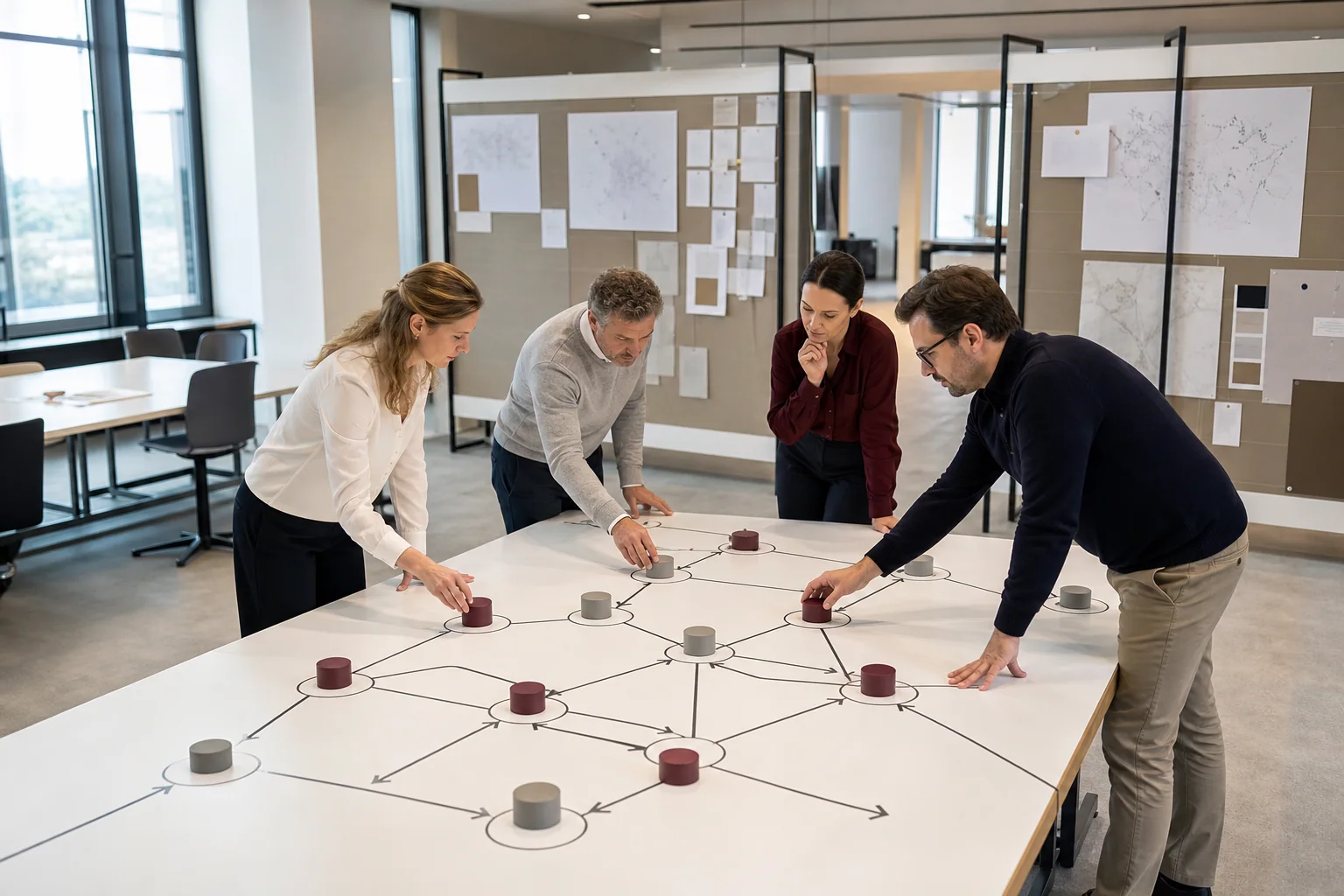 Team ordnet Alternativen auf einem physischen Entscheidungsmodell