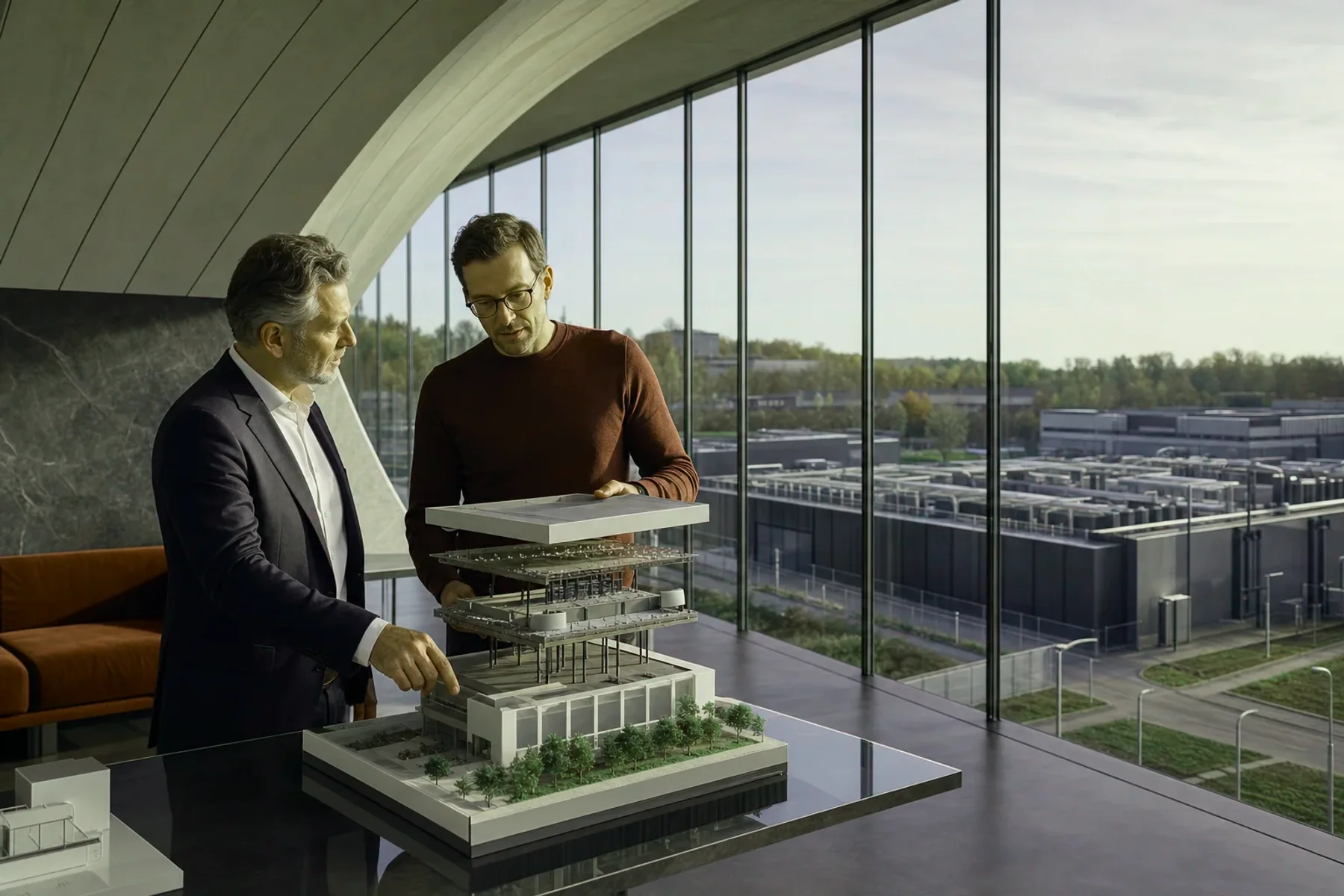 Architekten und Vorstände analysieren die Software-Fertigungstiefe und Kernsysteme auf einer interaktiven Architekturwand