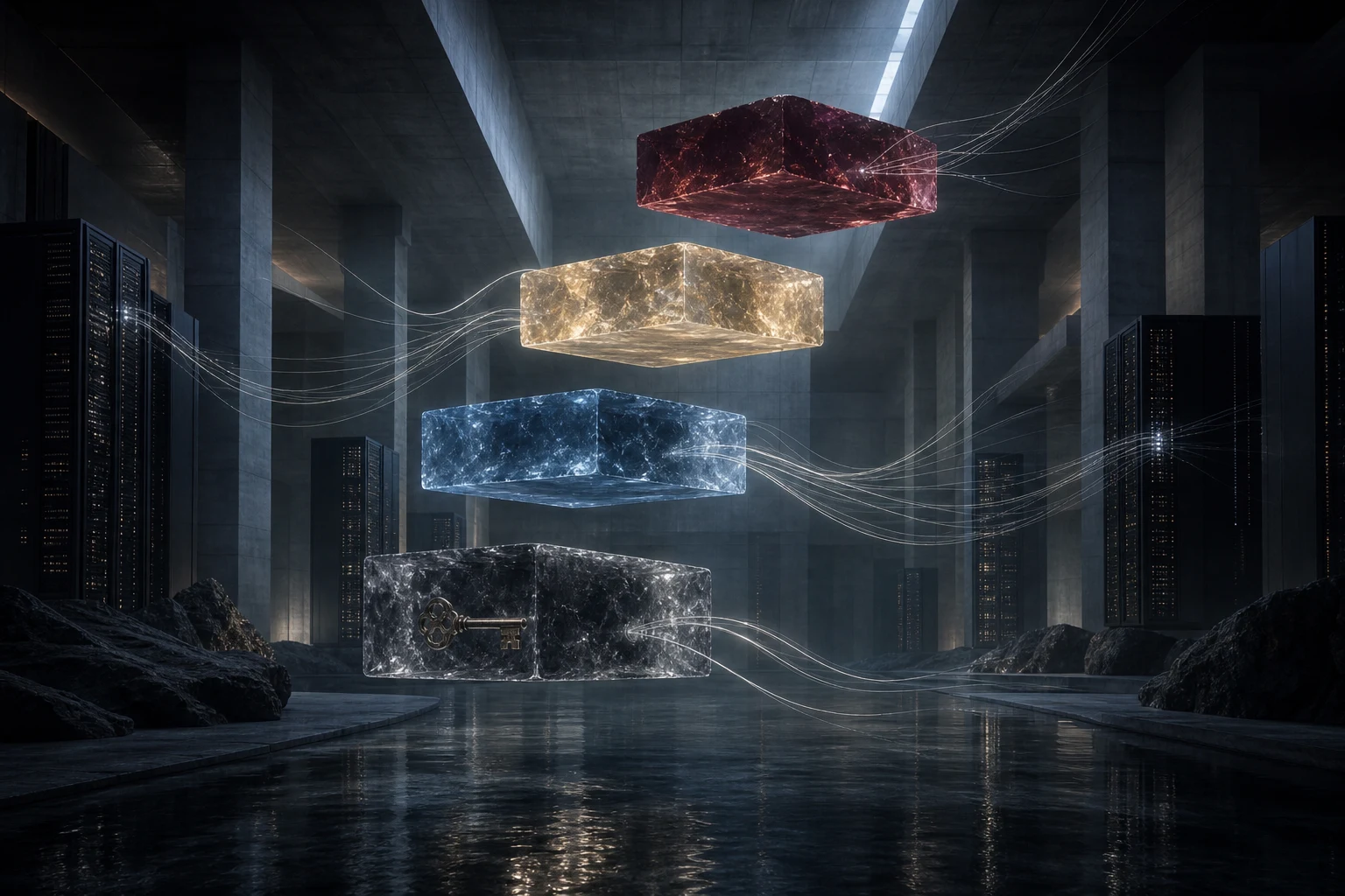 Vier schwebende Mineralblöcke sind in einer monumentalen Datenhalle mit Rechenzentren verbunden