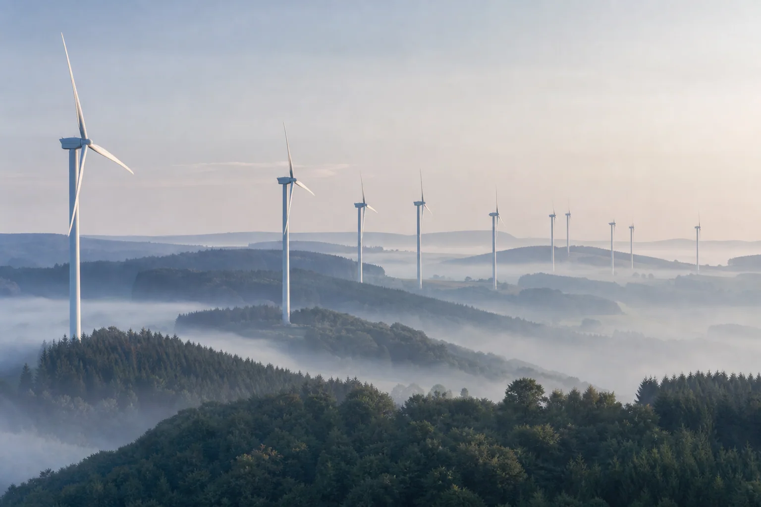 Windräder und Stromtrassen in einer weiten Landschaft