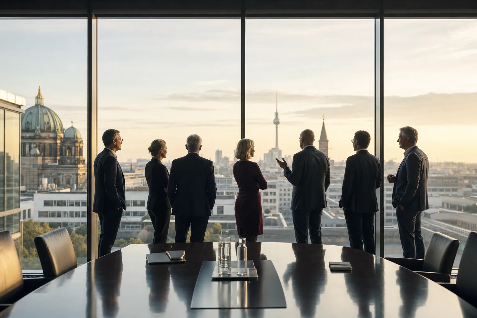 Führungsteam in einem hellen Boardroom vor einer Stadtansicht